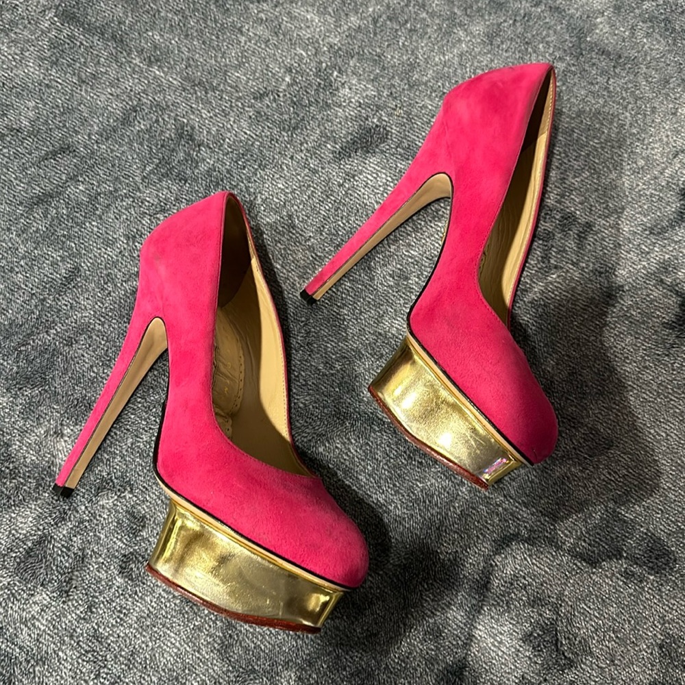 Charlotte Olympia Shoes Size 37 Pink and Gold - Picture 2 of 12